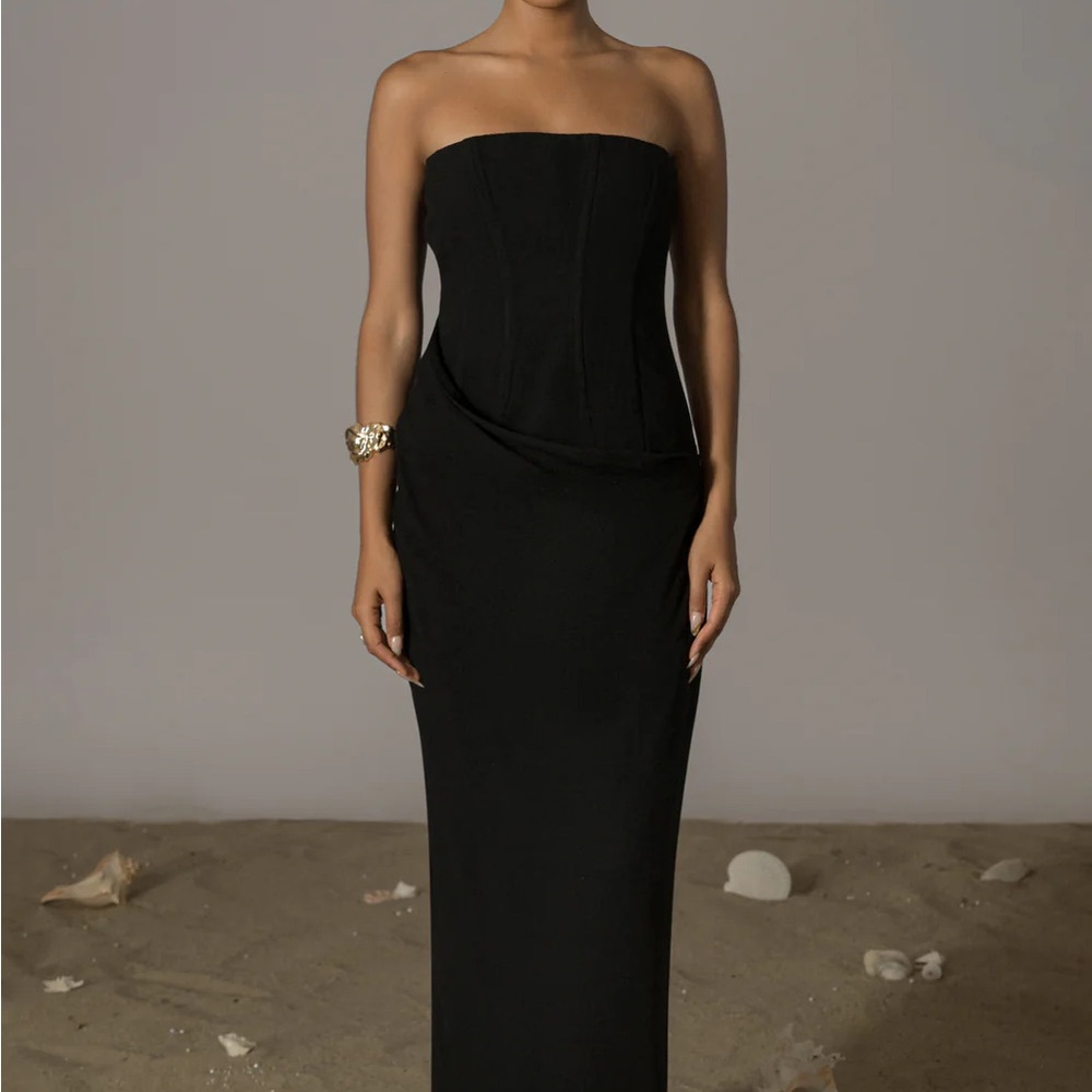 Jluxlabel Black Journey Linen Strapless Corset Maxi Dress